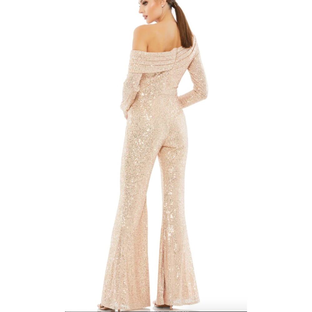 Mac Duggal Sequined Drop shoulder long sleeve gold jumpsuit size 10 - Picture 2 of 8